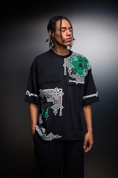 Erkek Siyah Regulan Kabartma Baskılı Oversize Tshirt