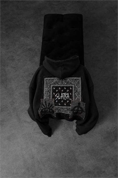 Erkek Siyah Relic Patch Detay Oversize Hoodie