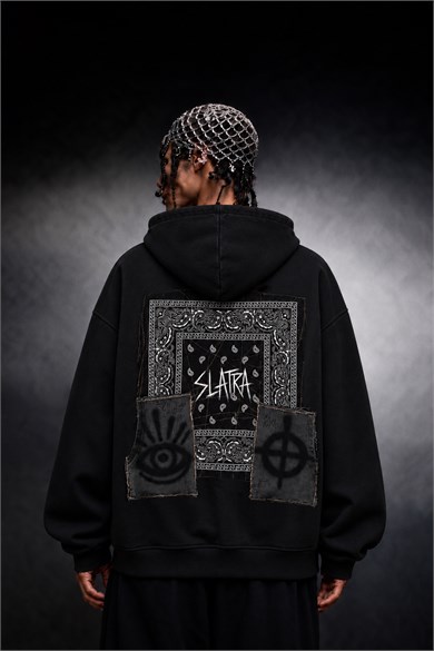 Erkek Siyah Relic Patch Detay Oversize Hoodie