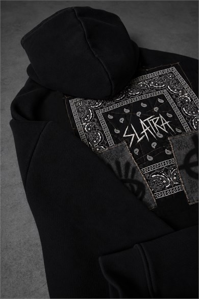Erkek Siyah Relic Patch Detay Oversize Hoodie