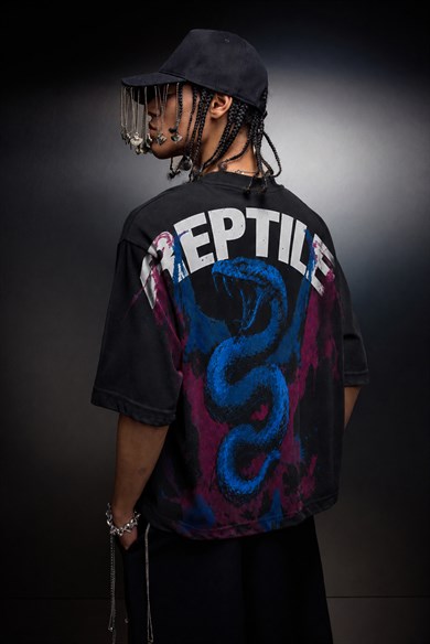 Erkek Siyah Reptile Baskılı Oversize Tshirt