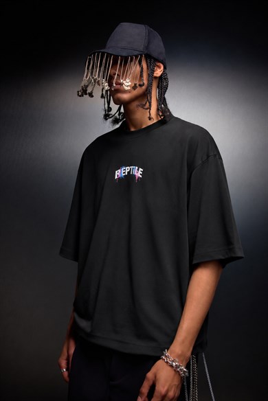 Erkek Siyah Reptile Baskılı Oversize Tshirt