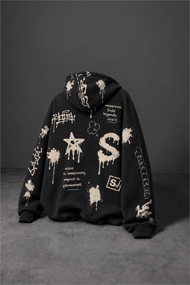 Erkek Siyah S Grafiti Oversize Hoodie