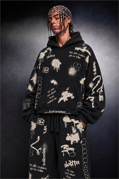 Erkek Siyah S Grafiti Oversize Hoodie