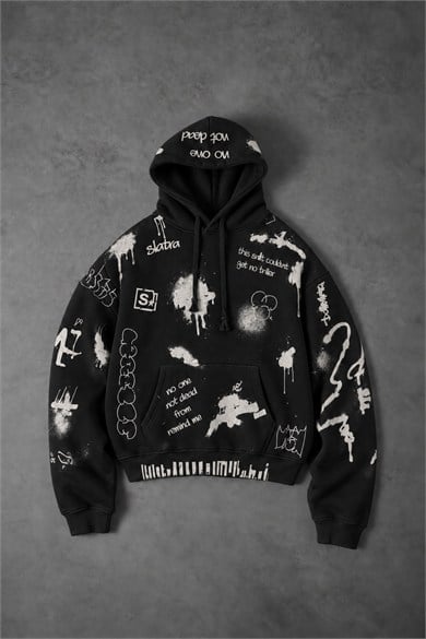 Erkek Siyah S Grafiti Oversize Hoodie