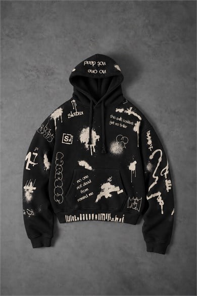 Erkek Siyah S Grafiti Oversize Hoodie