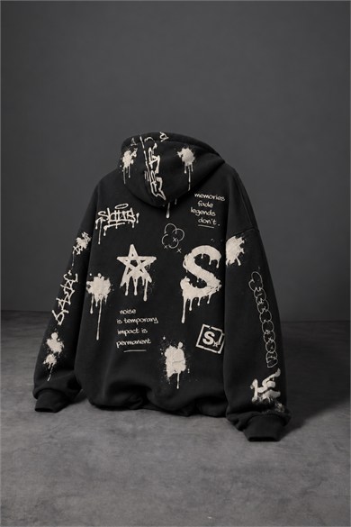 Erkek Siyah S Grafiti Oversize Hoodie