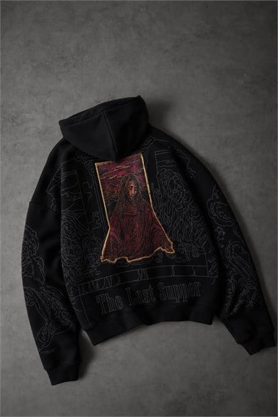 Erkek Siyah Sanctum Kadife Patch Oversize Hoodie