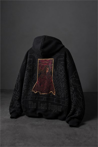 Erkek Siyah Sanctum Kadife Patch Oversize Hoodie