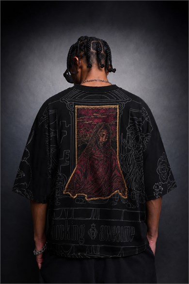 Erkek Siyah Sanctum Kadife Patch Oversize Tshirt