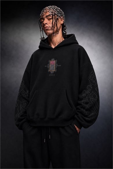 Erkek Siyah Sanctum Kadife Patch Oversize Hoodie