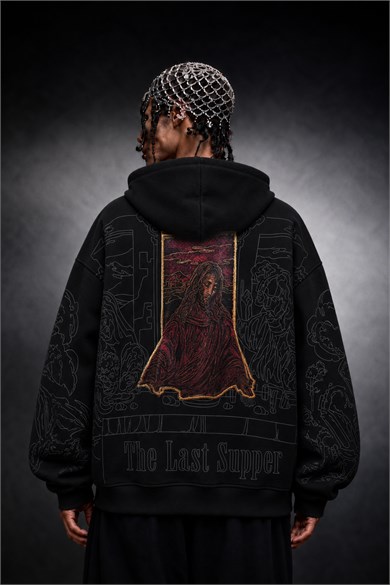 Erkek Siyah Sanctum Kadife Patch Oversize Hoodie