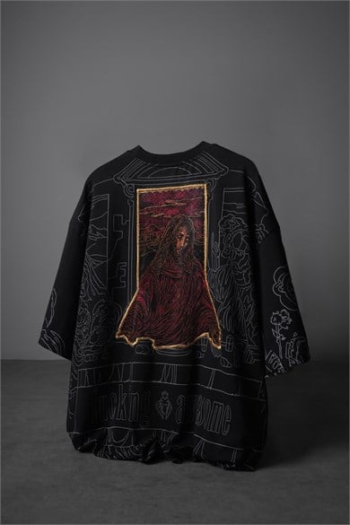 Erkek Siyah Sanctum Kadife Patch Oversize Tshirt