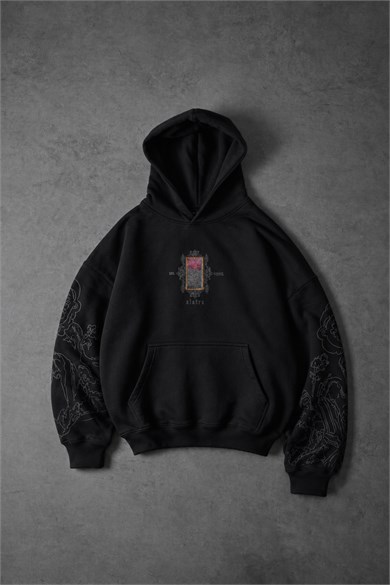 Erkek Siyah Sanctum Kadife Patch Oversize Hoodie