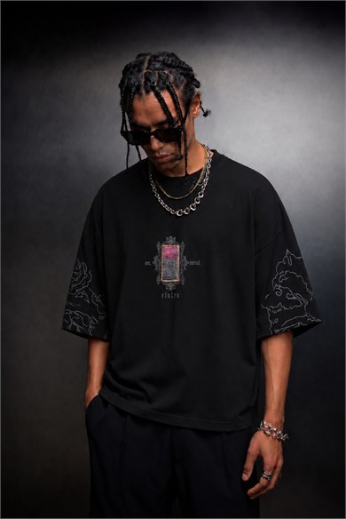 Erkek Siyah Sanctum Kadife Patch Oversize Tshirt