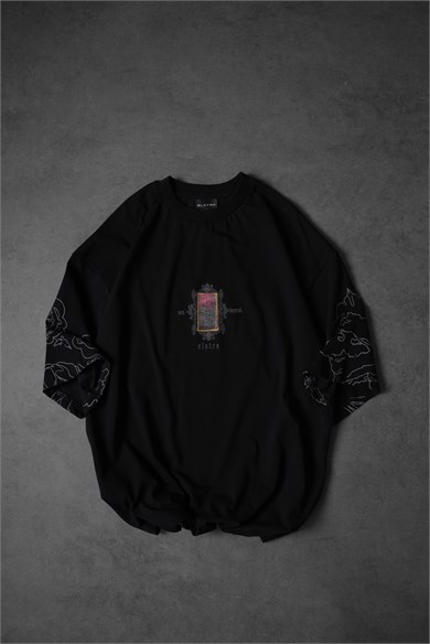 Erkek Siyah Sanctum Kadife Patch Oversize Tshirt