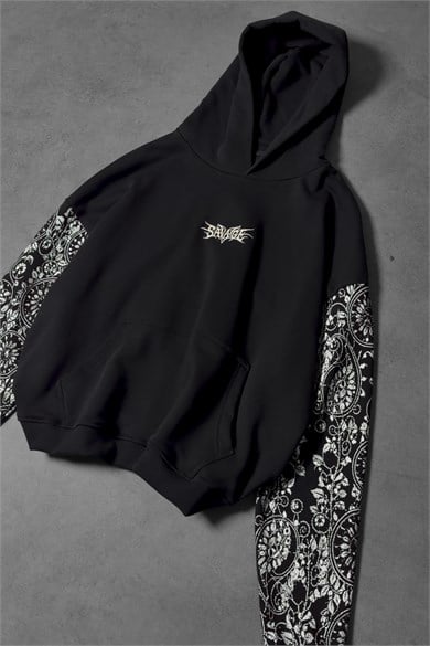 Erkek Siyah Savage Nakışlı Oversize Hoodie