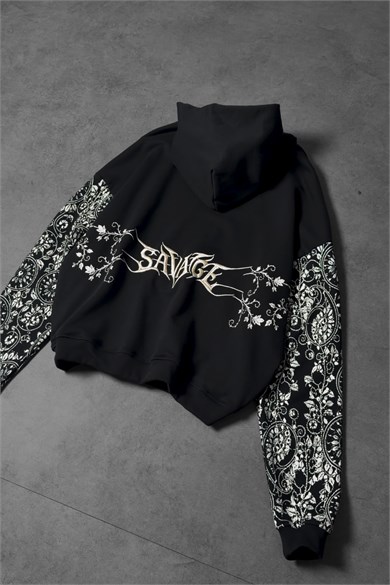 Erkek Siyah Savage Nakışlı Oversize Hoodie
