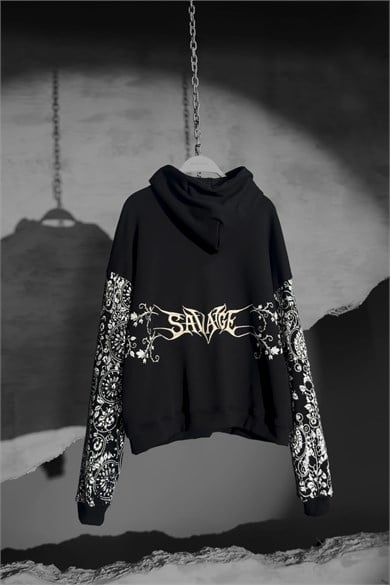 Erkek Siyah Savage Nakışlı Oversize Hoodie