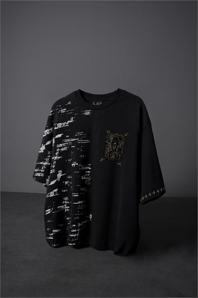 Erkek Siyah Semantic Decay Baskı Oversize Tshirt