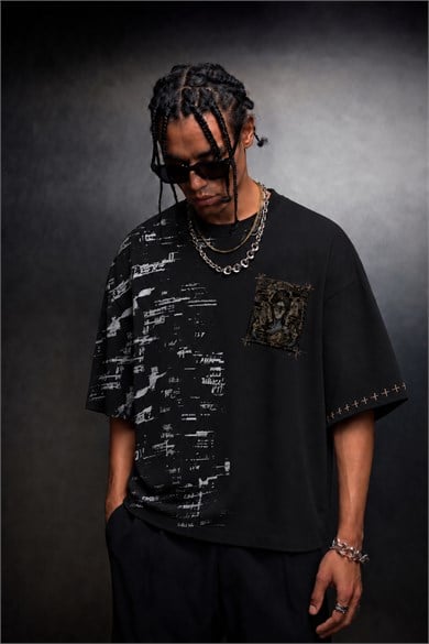 Erkek Siyah Semantic Decay Baskı Oversize Tshirt