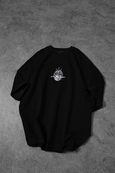 Erkek Siyah Setup Your Mindset Baskılı Oversize Tshirt