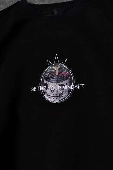 Erkek Siyah Setup Your Mindset Baskılı Oversize Tshirt