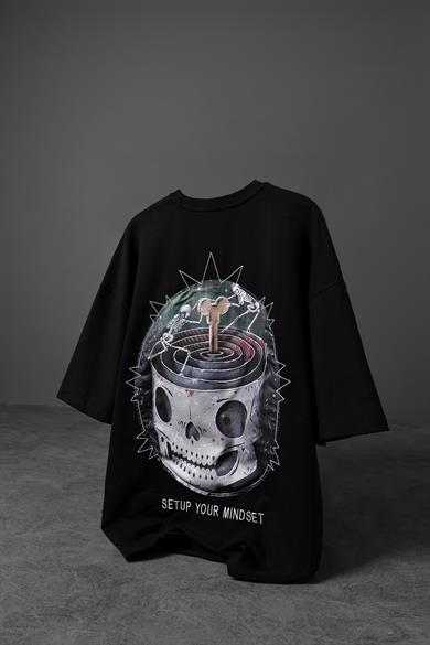 Erkek Siyah Setup Your Mindset Baskılı Oversize Tshirt