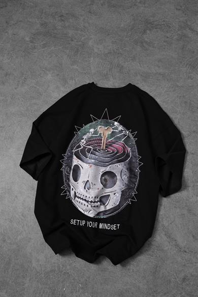 Erkek Siyah Setup Your Mindset Baskılı Oversize Tshirt