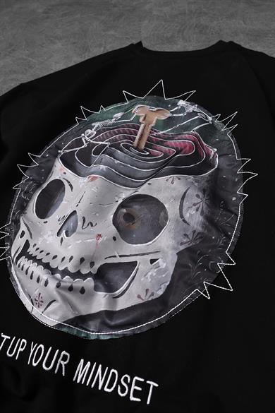 Erkek Siyah Setup Your Mindset Baskılı Oversize Tshirt