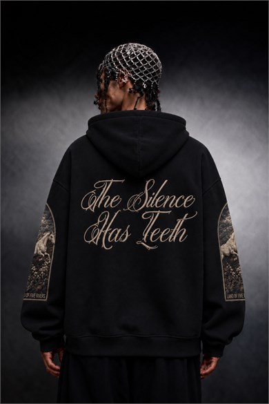 Erkek Siyah Silence Patch Nakış Oversize Hoodie