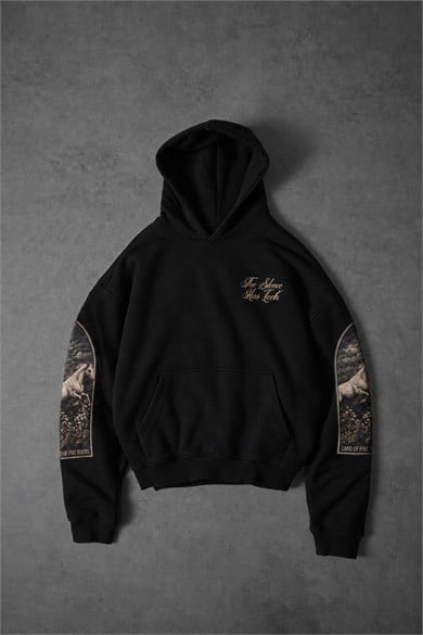 Erkek Siyah Silence Patch Nakış Oversize Hoodie