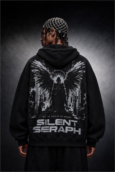 Erkek Siyah Silent Seraph Oversize Hoodie