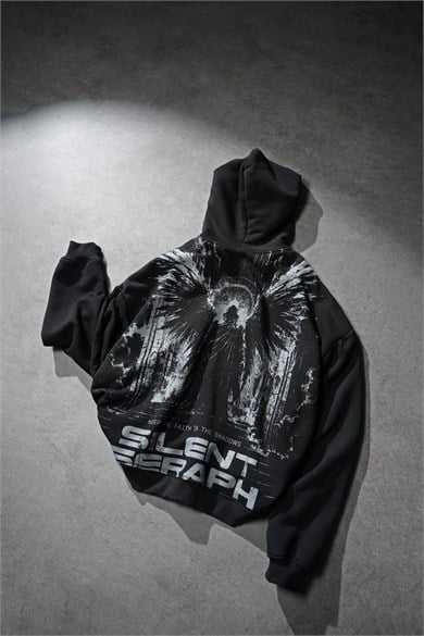 Erkek Siyah Silent Seraph Oversize Hoodie