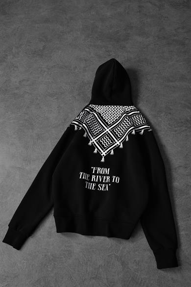 Erkek Siyah Sırt Şal Desen Oversize Kapüşonlu Sweatshirt