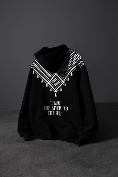 Erkek Siyah Sırt Şal Desen Oversize Kapüşonlu Sweatshirt