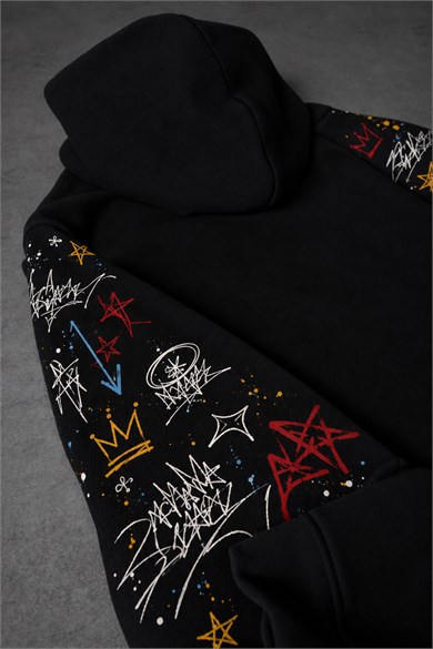 Erkek Siyah Sking Kol Detay Oversize Hoodie