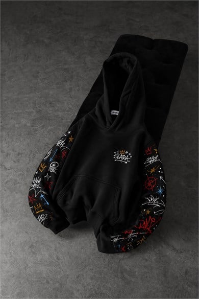 Erkek Siyah Sking Kol Detay Oversize Hoodie