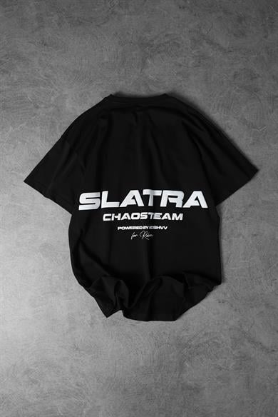 Erkek Siyah SLATRA CHAOS TEAM Kabartma Baskılı Oversize Tshirt