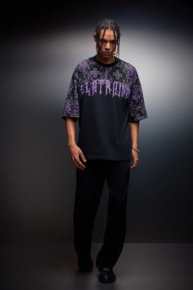 Erkek Siyah Slatraism Kabartma Baskılı Oversize Tshirt