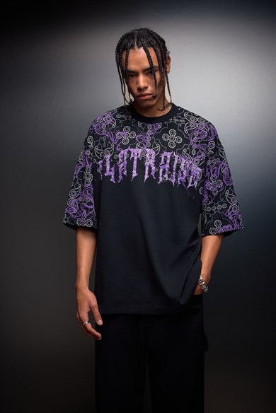 Erkek Siyah Slatraism Kabartma Baskılı Oversize Tshirt