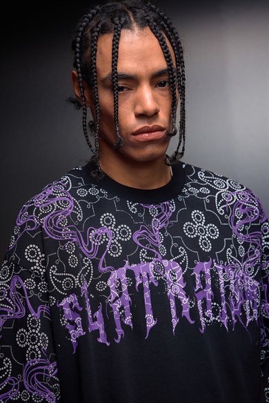 Erkek Siyah Slatraism Kabartma Baskılı Oversize Tshirt