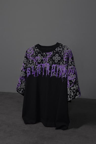 Erkek Siyah Slatraism Kabartma Baskılı Oversize Tshirt