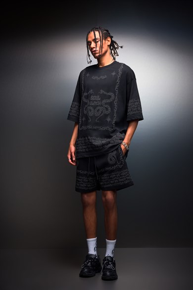 Erkek Siyah Soul Glitch Kabartma Baskılı Oversize Tshirt
