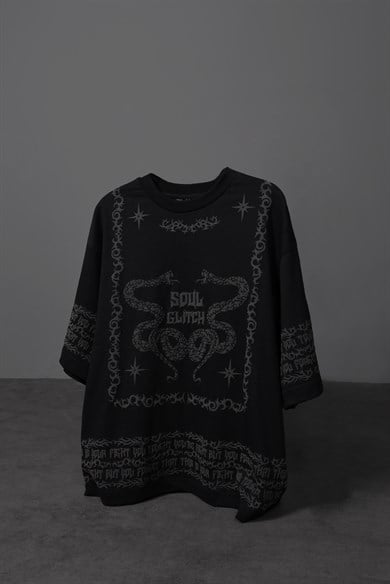 Erkek Siyah Soul Glitch Kabartma Baskılı Oversize Tshirt