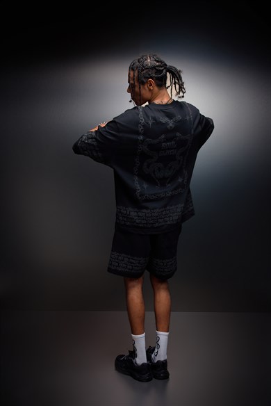 Erkek Siyah Soul Glitch Kabartma Baskılı Oversize Tshirt