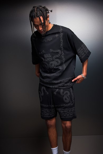 Erkek Siyah Soul Glitch Kabartma Baskılı Oversize Tshirt
