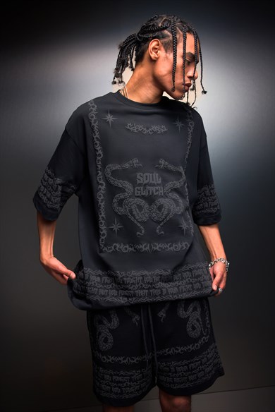 Erkek Siyah Soul Glitch Kabartma Baskılı Oversize Tshirt