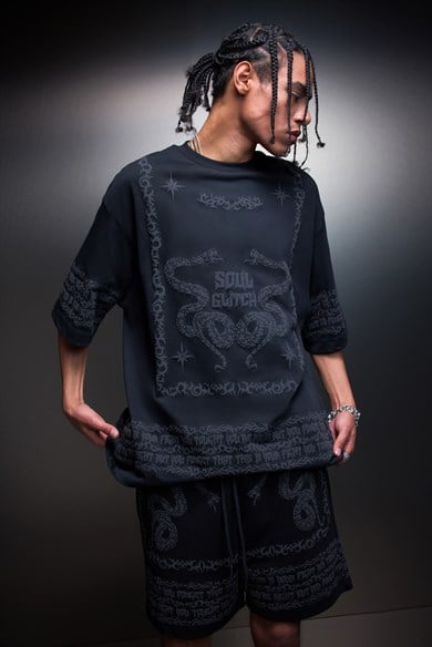 Erkek Siyah Soul Glitch Kabartma Baskılı Oversize Tshirt