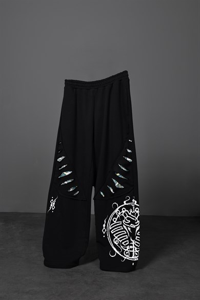Erkek Siyah Spine Efektli Baskılı Baggy Eşofman